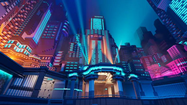 A neon-lit Minecraft city built for EaseCation.